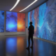 Museum visitor interacting with responsive digital art installation showing interactive
