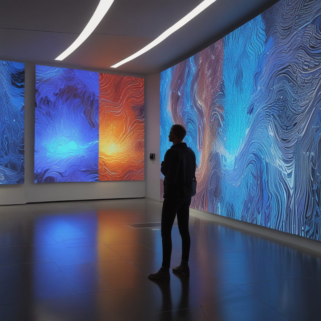 Museum visitor interacting with responsive digital art installation showing interactive