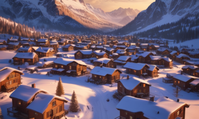Remote adventure town surrounded by snow-covered mountains with rustic buildings