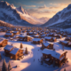 Remote adventure town surrounded by snow-covered mountains with rustic buildings