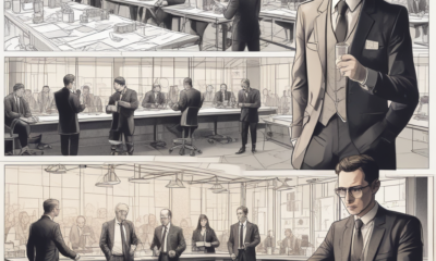 Inventor working in workshop contrasted with wealthy businesspeople celebrating profits