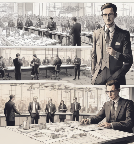 Inventor working in workshop contrasted with wealthy businesspeople celebrating profits