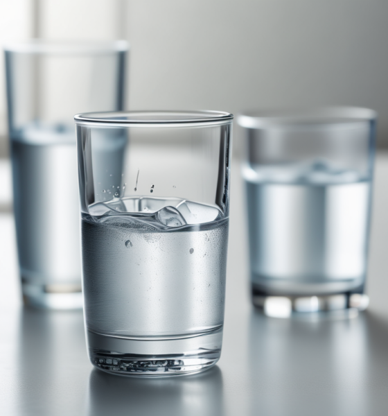 Three glasses showing cold warm and room temperature water demonstrating