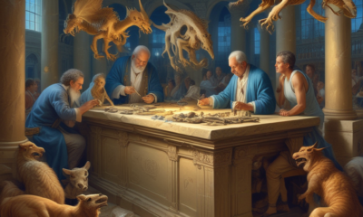 Ancient Greek scholars examining fossil bones that inspired myths, with