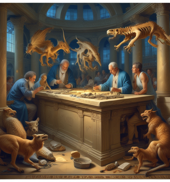 Ancient Greek scholars examining fossil bones that inspired myths, with