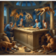 Ancient Greek scholars examining fossil bones that inspired myths, with