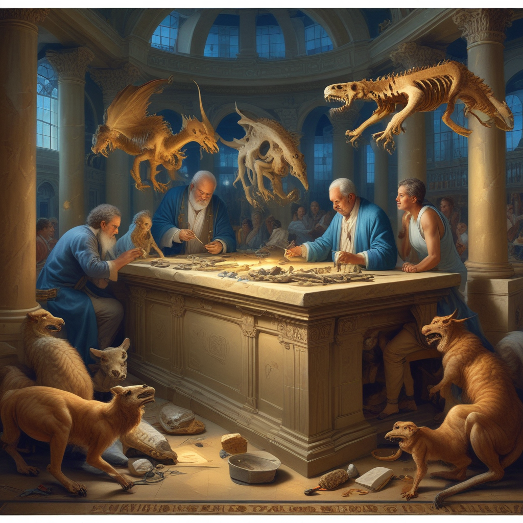 Ancient Greek scholars examining fossil bones that inspired myths, with