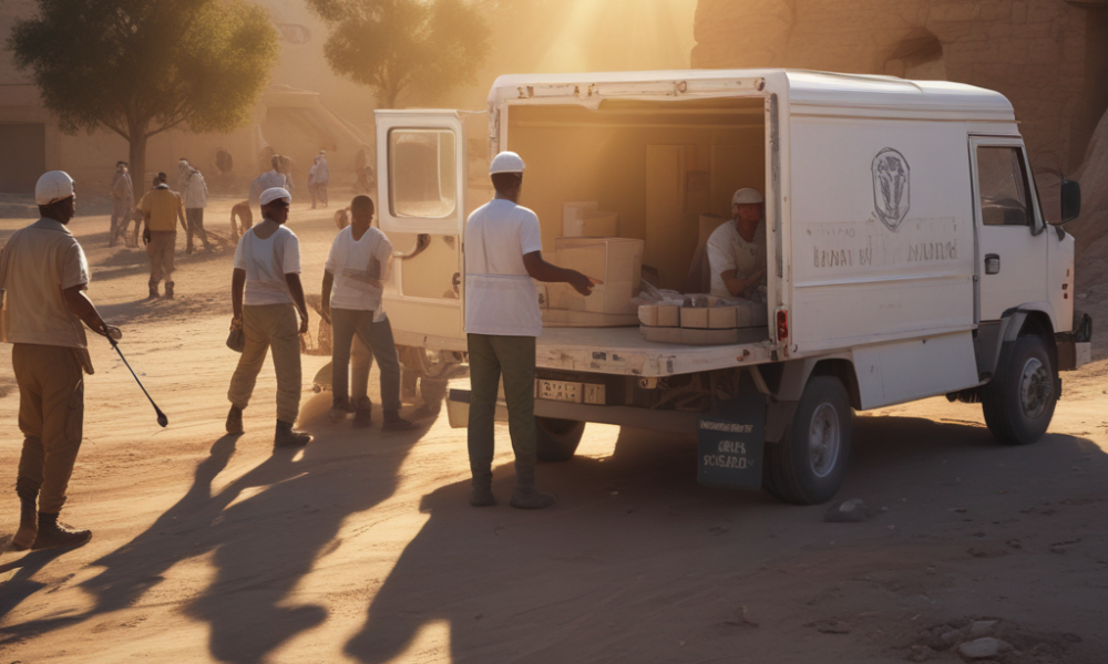 Humanitarian aid workers in protective gear delivering supplies in dangerous