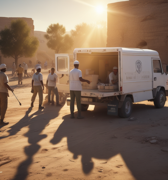 Humanitarian aid workers in protective gear delivering supplies in dangerous