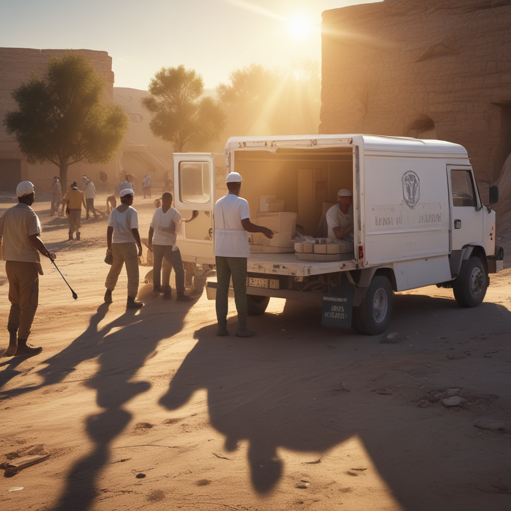 Humanitarian aid workers in protective gear delivering supplies in dangerous