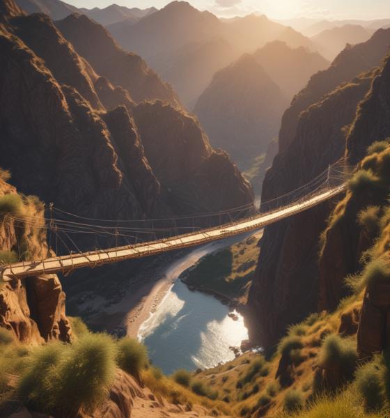 Q'eswachaka Inca rope bridge made of woven grass spanning canyon