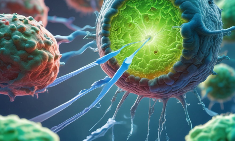 Cancer immunotherapy breakthrough showing macrophages being reprogrammed to attack tumor