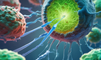 Cancer immunotherapy breakthrough showing macrophages being reprogrammed to attack tumor