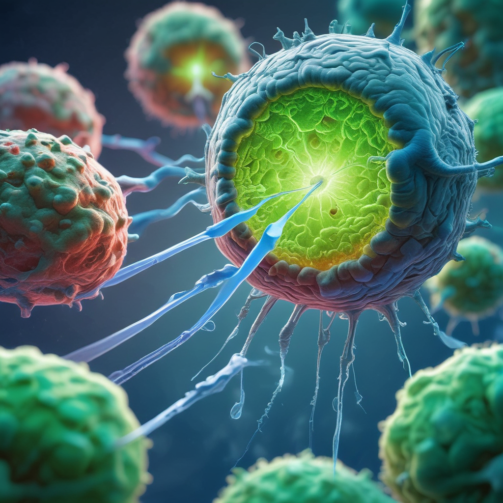Cancer immunotherapy breakthrough showing macrophages being reprogrammed to attack tumor