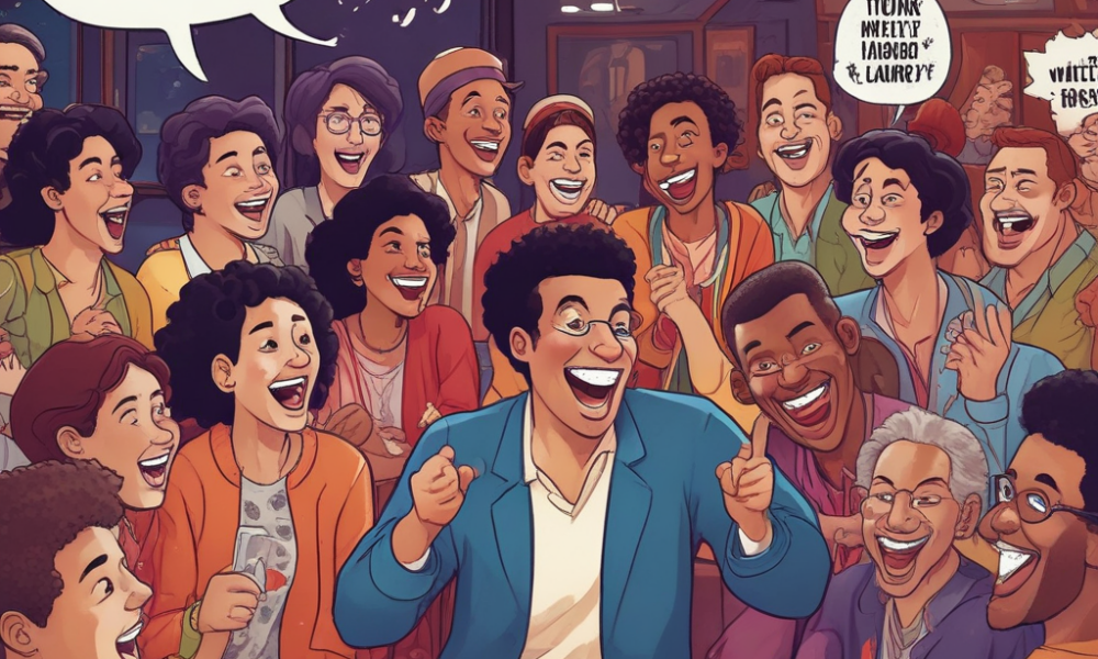 Diverse audience laughing together at cross-cultural humor performance in comedy