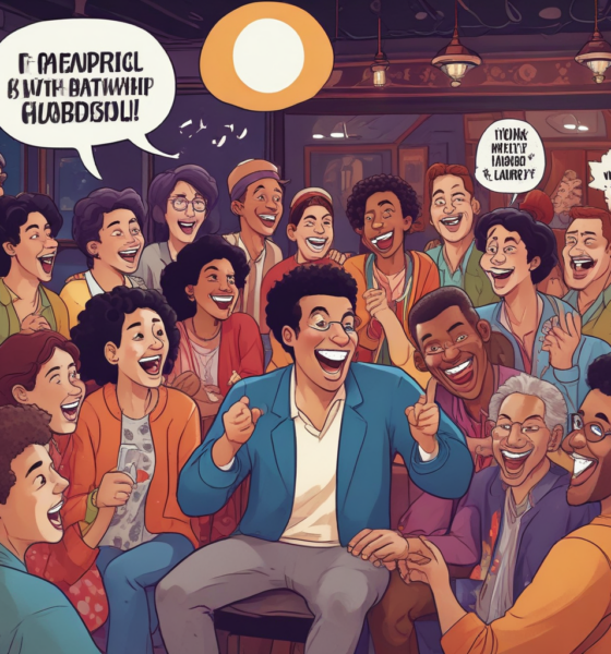 Diverse audience laughing together at cross-cultural humor performance in comedy