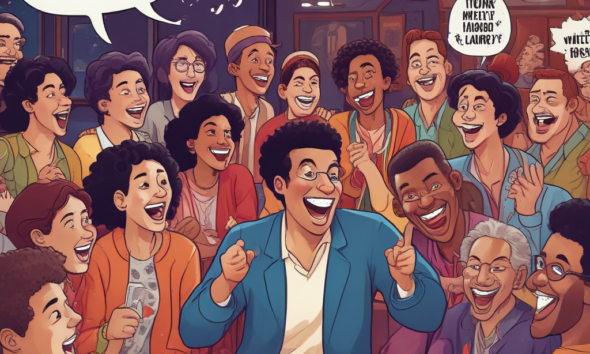 Diverse audience laughing together at cross-cultural humor performance in comedy