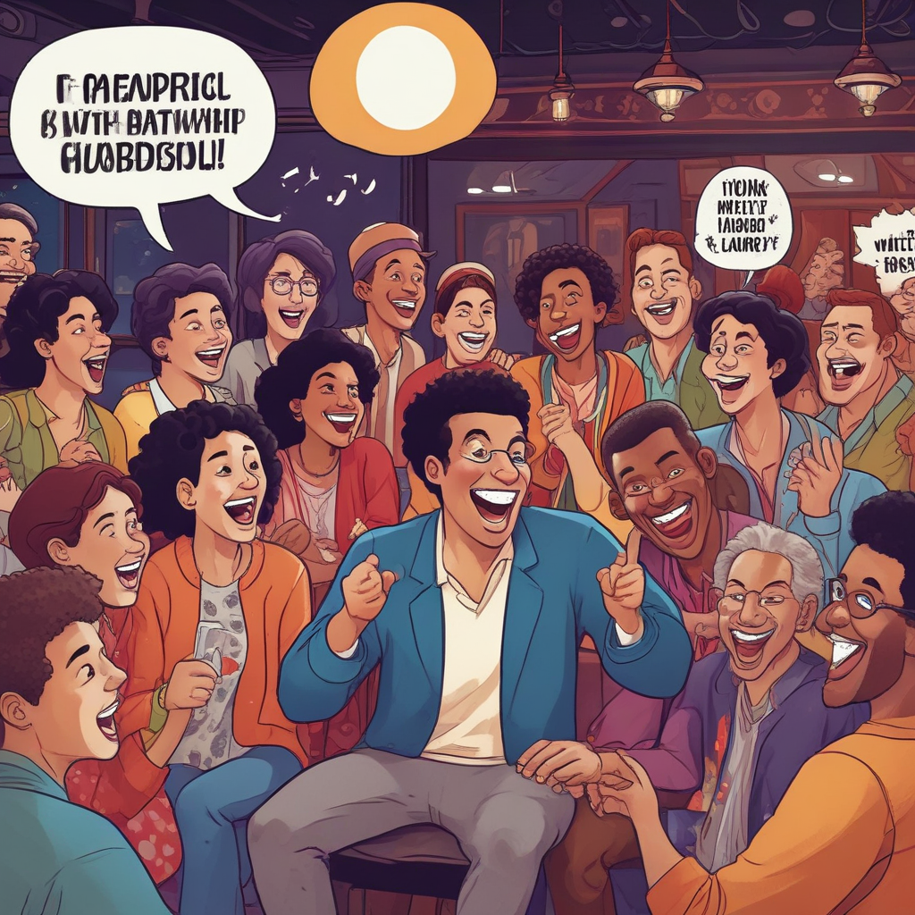 Diverse audience laughing together at cross-cultural humor performance in comedy