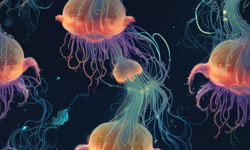 Bioluminescent animals including vampire squid and jellyfish glowing in dark