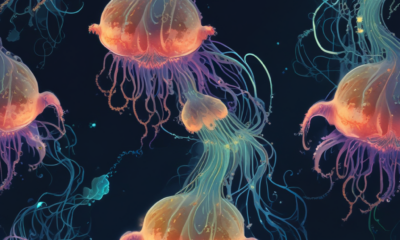 Bioluminescent animals including vampire squid and jellyfish glowing in dark