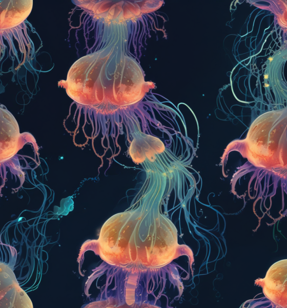 Bioluminescent animals including vampire squid and jellyfish glowing in dark