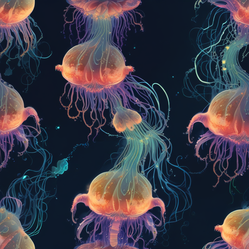 Bioluminescent animals including vampire squid and jellyfish glowing in dark