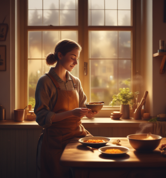 Person enjoying comfort food in cozy kitchen setting showing comfort