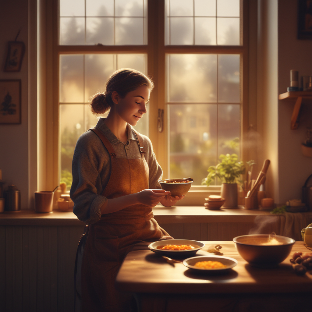 Person enjoying comfort food in cozy kitchen setting showing comfort