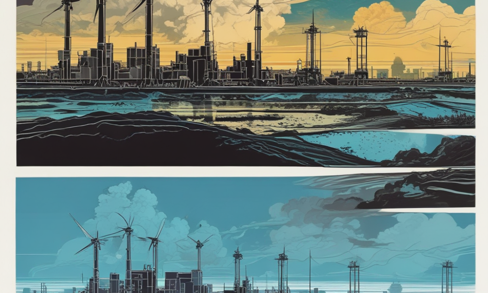 Split screen showing oil refineries versus renewable energy representing petro-states
