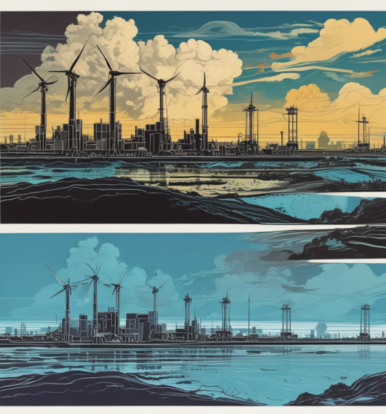 Split screen showing oil refineries versus renewable energy representing petro-states