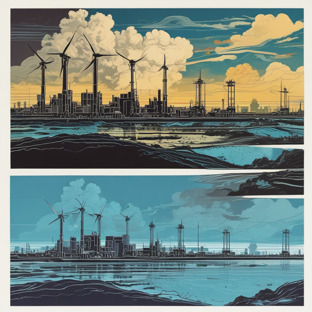 Split screen showing oil refineries versus renewable energy representing petro-states