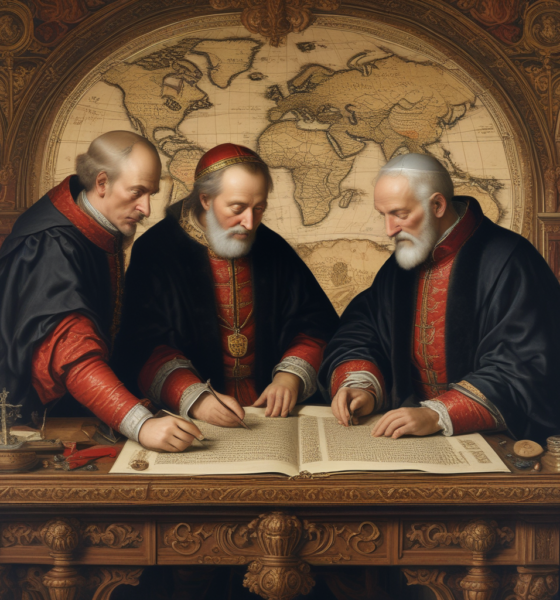 Treaty of Tordesillas diplomats examining world map with dividing line