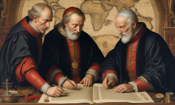 Treaty of Tordesillas diplomats examining world map with dividing line