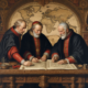 Treaty of Tordesillas diplomats examining world map with dividing line