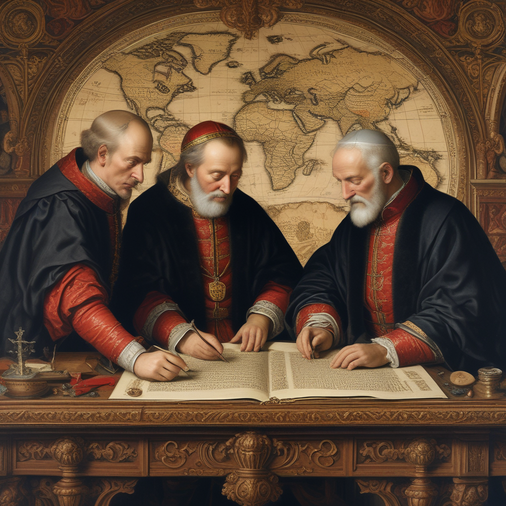 Treaty of Tordesillas diplomats examining world map with dividing line
