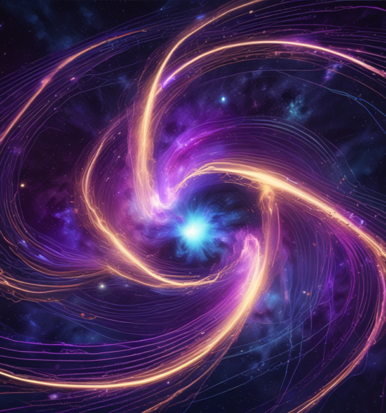 Cosmic filaments rotation visualization showing synchronized galaxy spinning across billions