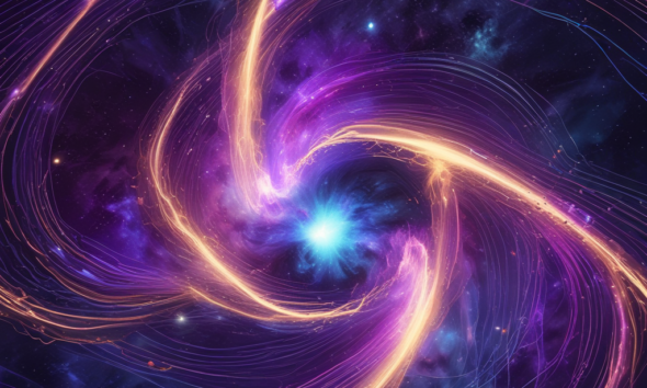 Cosmic filaments rotation visualization showing synchronized galaxy spinning across billions