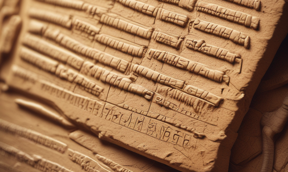 Ancient Sumerian cuneiform writing on clay tablet showing wedge-shaped marks