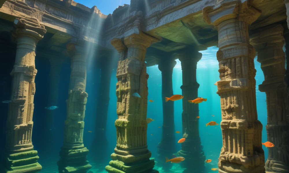 Underwater archaeological sites showing ancient stone structures submerged in clear