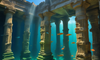 Underwater archaeological sites showing ancient stone structures submerged in clear