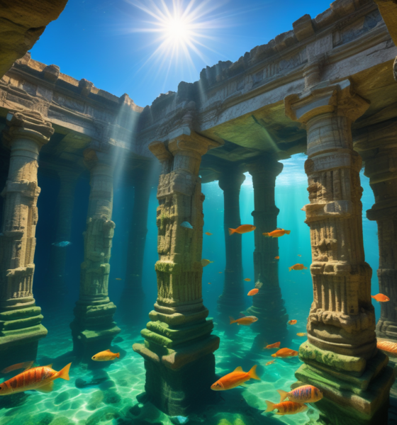 Underwater archaeological sites showing ancient stone structures submerged in clear