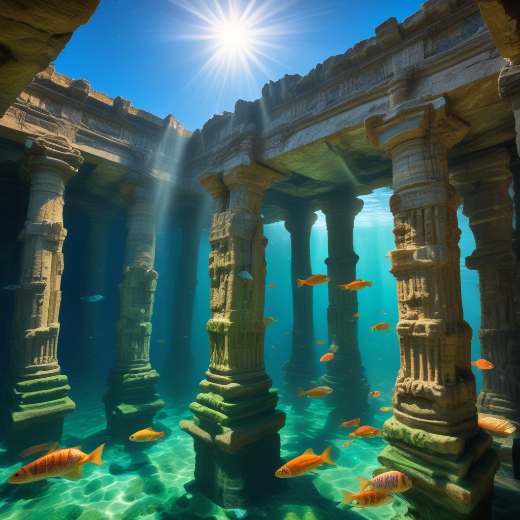 Underwater archaeological sites showing ancient stone structures submerged in clear