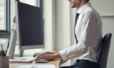 Proper ergonomic wellness position showing neutral body alignment at computer