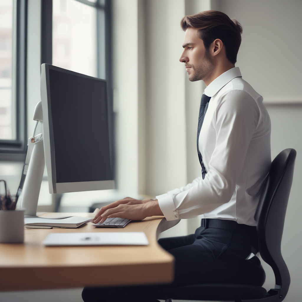 Correct Ergonomic Wellness Sitting Position Demonstration | Fact&Fun Proper ergonomic wellness position showing neutral body alignment at computer