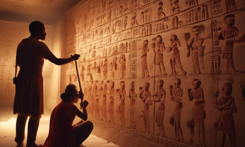 Ancient Egyptian pyramid builders painting red hieroglyphic graffiti on pyramid