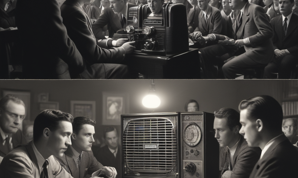 Contrast between vintage radio emergency broadcast crowd and isolated person