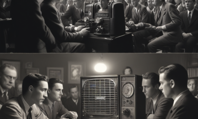 Contrast between vintage radio emergency broadcast crowd and isolated person