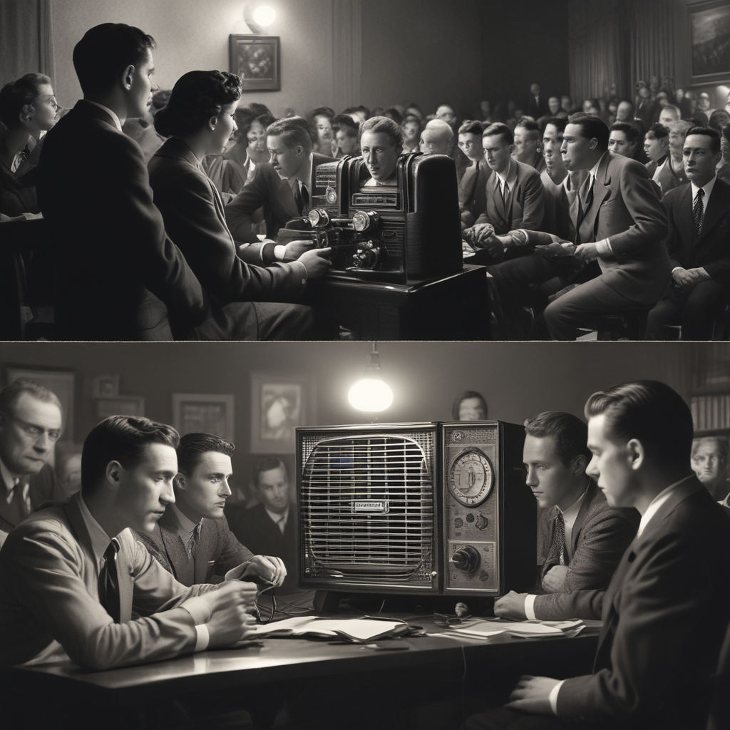 Past vs Present Emergency Communication Crisis | Fact&Fun Contrast between vintage radio emergency broadcast crowd and isolated person