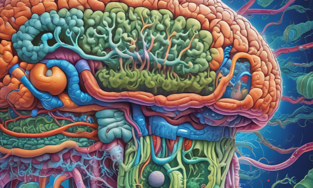 Human gut microbiome illustration showing diverse bacteria species connecting to