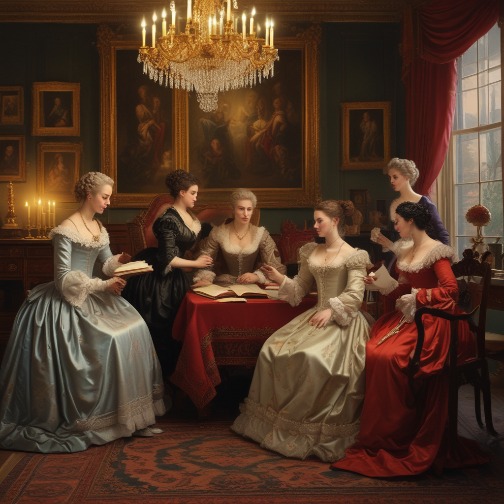 Historical salon scene showing forgotten female philosophers in 18th century